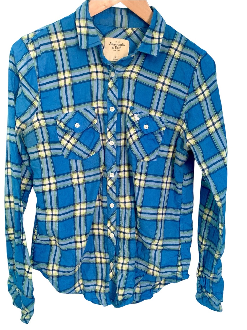 Abercrombie & Fitch VTG Y2K Blue Green Plaid Flannel Button Up Shirt Prep M